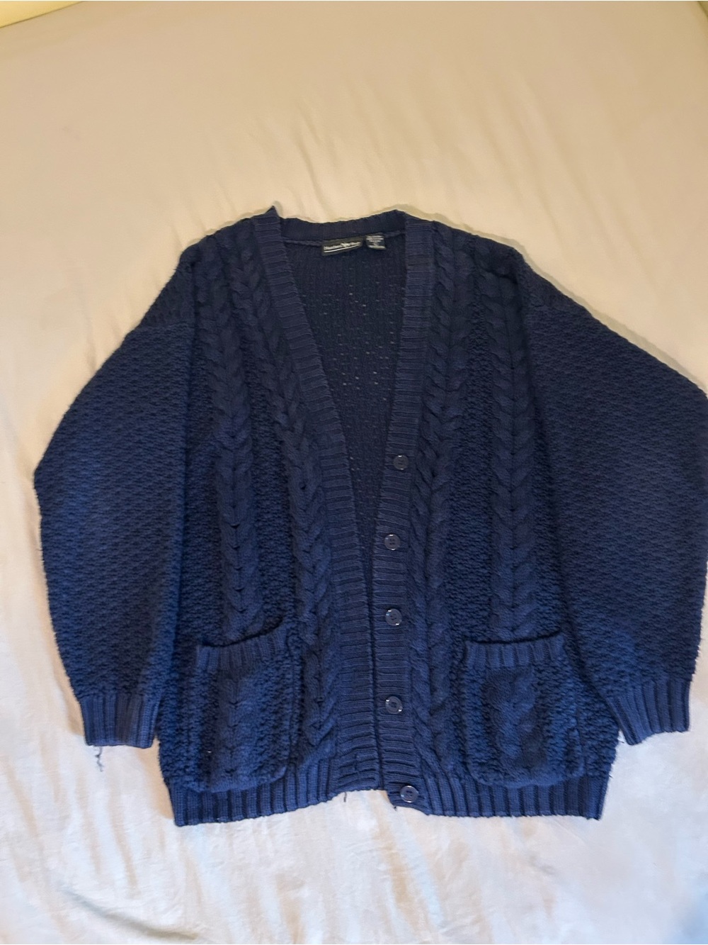 Vintage Hunter's Run Womens Navy Blue Cable Knit Front Pocket Cardigan L Grandpa